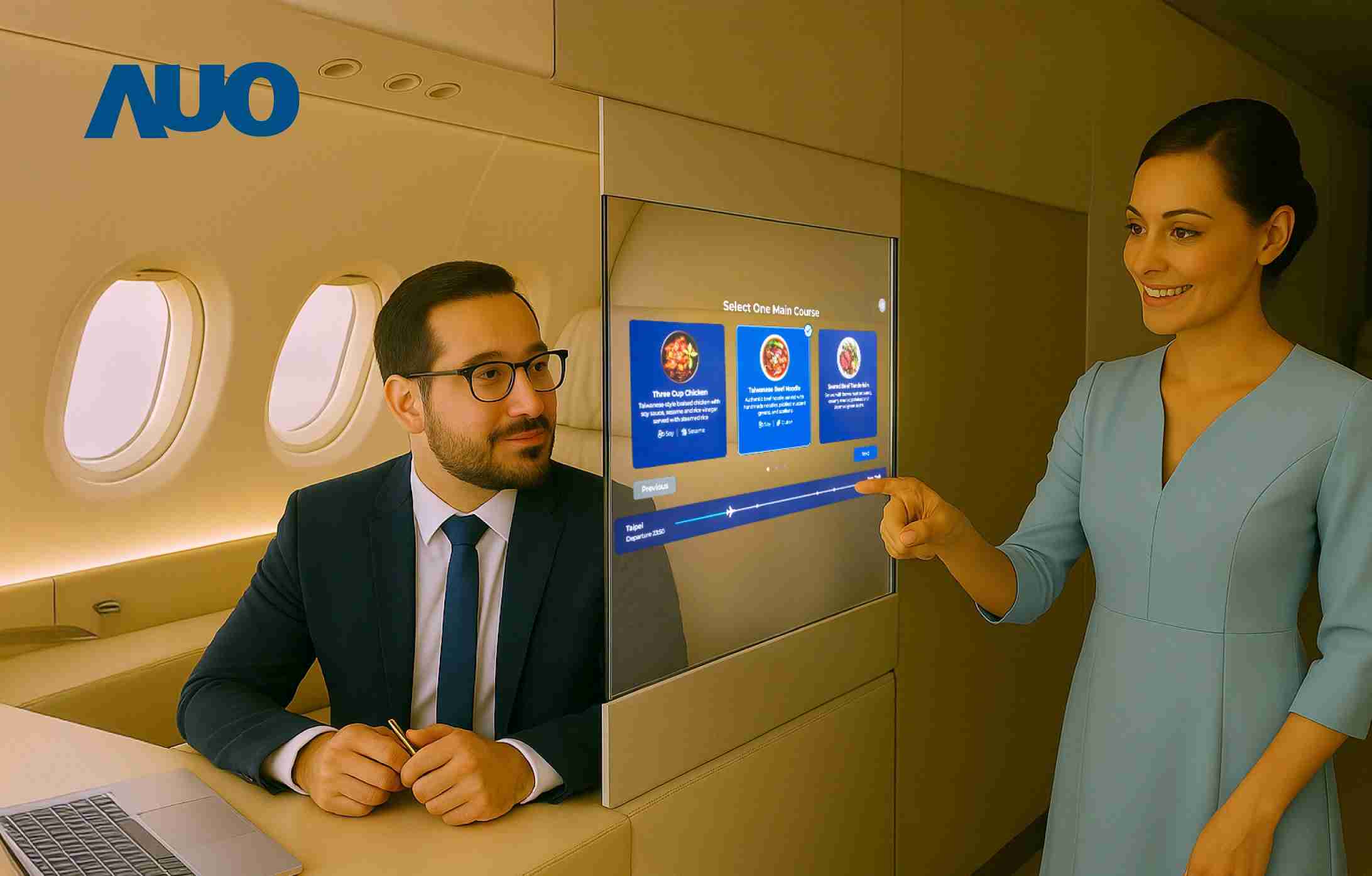 彩运网研发全球最薄17.3 吋双面透明 Micro LED 显示器，，，，可在同一屏幕之双边投射不同信息，，，创造独特的”透明化”互动；图为实时翻译交流应用情境