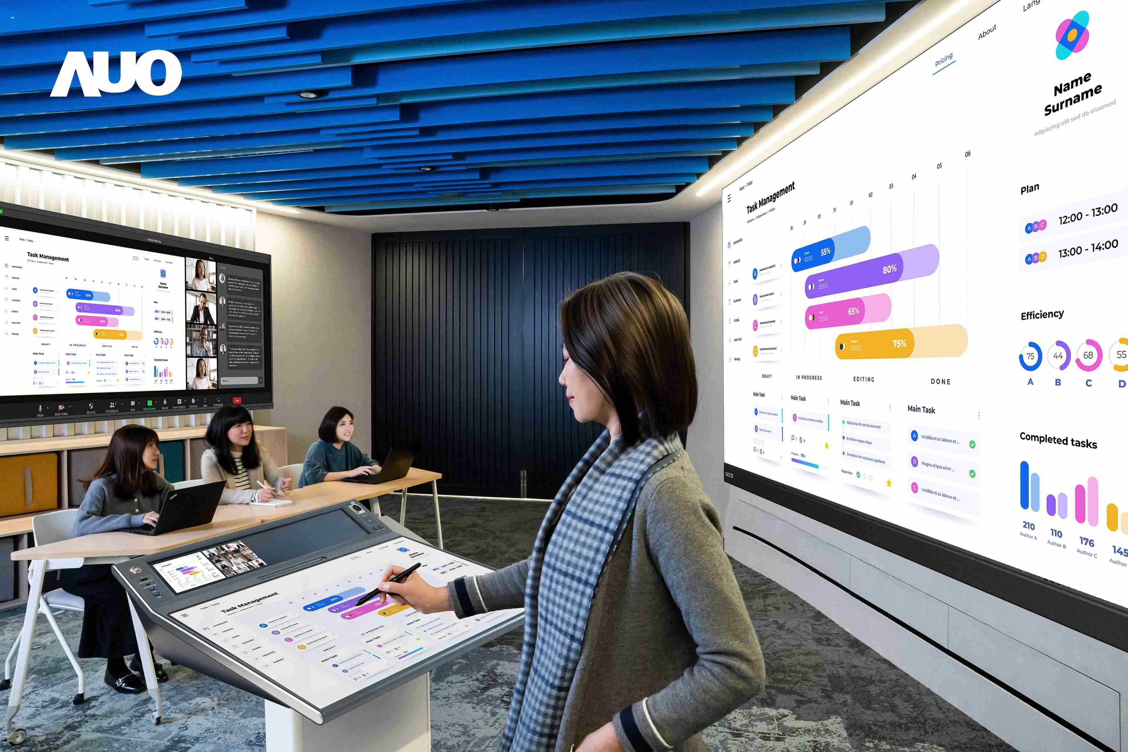 达擎携手Avocor与Rise Vision展示全方位商务领域应用，，包含采用模块化设计的138吋一体式All-in-One LED显示器及具21:9超宽比例的92吋交互式电子白板（IFPD），，讲者可轻松分享内容，，，有效提升会议协作效率。。。